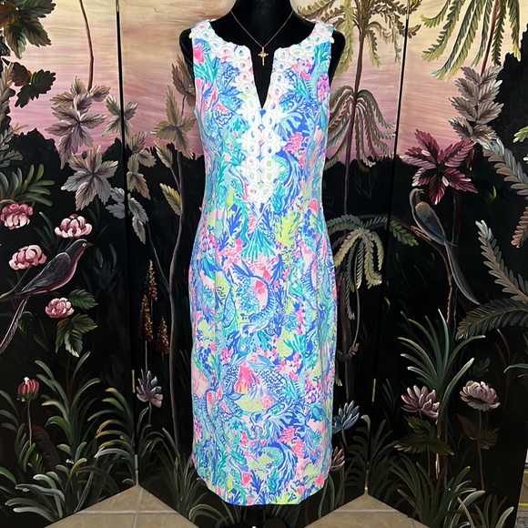 🧜‍♀️💞Lilly Pulitzer Gabby 20" Stretch Shift Dress Multi Mermaids Cove 💞🧜‍♀️ - Picture 2 of 7